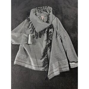 Chico's‎ Women's Black & White Striped Fringe Open Front Cardigan Size 2